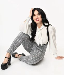 Unique Vintage Light Blue Glen Plaid Moorehead Suspender Pants -New Dress Store unique vintage light blue glen plaid moorehead suspender pants 130995