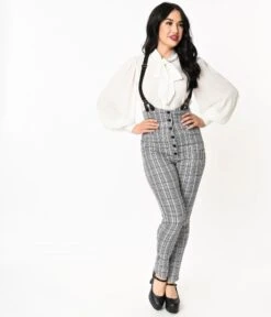 Unique Vintage Light Blue Glen Plaid Moorehead Suspender Pants -New Dress Store unique vintage light blue glen plaid moorehead suspender pants 861470