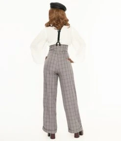 Unique Vintage Light Grey Windowpane Thelma Suspender Pants -New Dress Store unique vintage light grey windowpane thelma suspender pants 340187