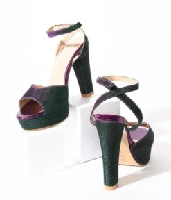 Unique Vintage Metallic Emerald & Purple Duotone Platform Heels -New Dress Store unique vintage metallic emerald purple duotone platform heels 706873