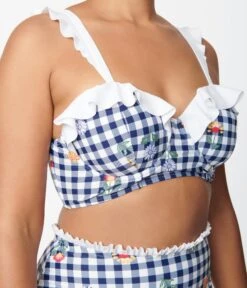 Unique Vintage Navy Gingham & Floral Southampton Swim Top -New Dress Store unique vintage navy gingham floral southampton swim top 366683