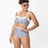 Unique Vintage Navy Gingham & Floral Southampton Swim Top