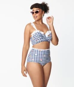 Unique Vintage Navy Gingham & Floral Southampton Swim Top -New Dress Store unique vintage navy gingham floral southampton swim top 988910