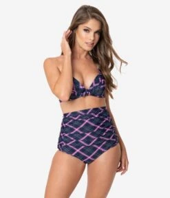 Unique Vintage Navy & Pink Plaid Monroe High Waist Swim Bottom -New Dress Store unique vintage navy pink plaid monroe high waist swim bottom 492553