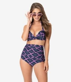 Unique Vintage Navy & Pink Plaid Monroe High Waist Swim Bottom -New Dress Store unique vintage navy pink plaid monroe high waist swim bottom 906660