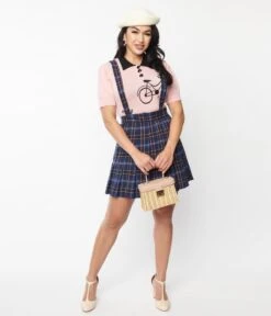 Unique Vintage Navy Plaid Pleated Suspender Mini Skirt
