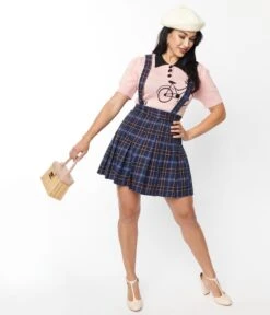 Unique Vintage Navy Plaid Pleated Suspender Mini Skirt -New Dress Store unique vintage navy plaid pleated suspender mini skirt 833794