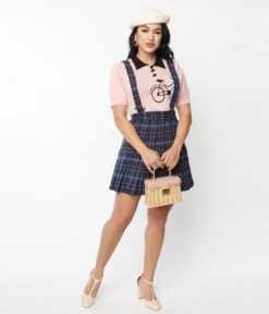 Unique Vintage Navy Plaid Pleated Suspender Mini Skirt -New Dress Store unique vintage navy plaid pleated suspender mini skirt 980204