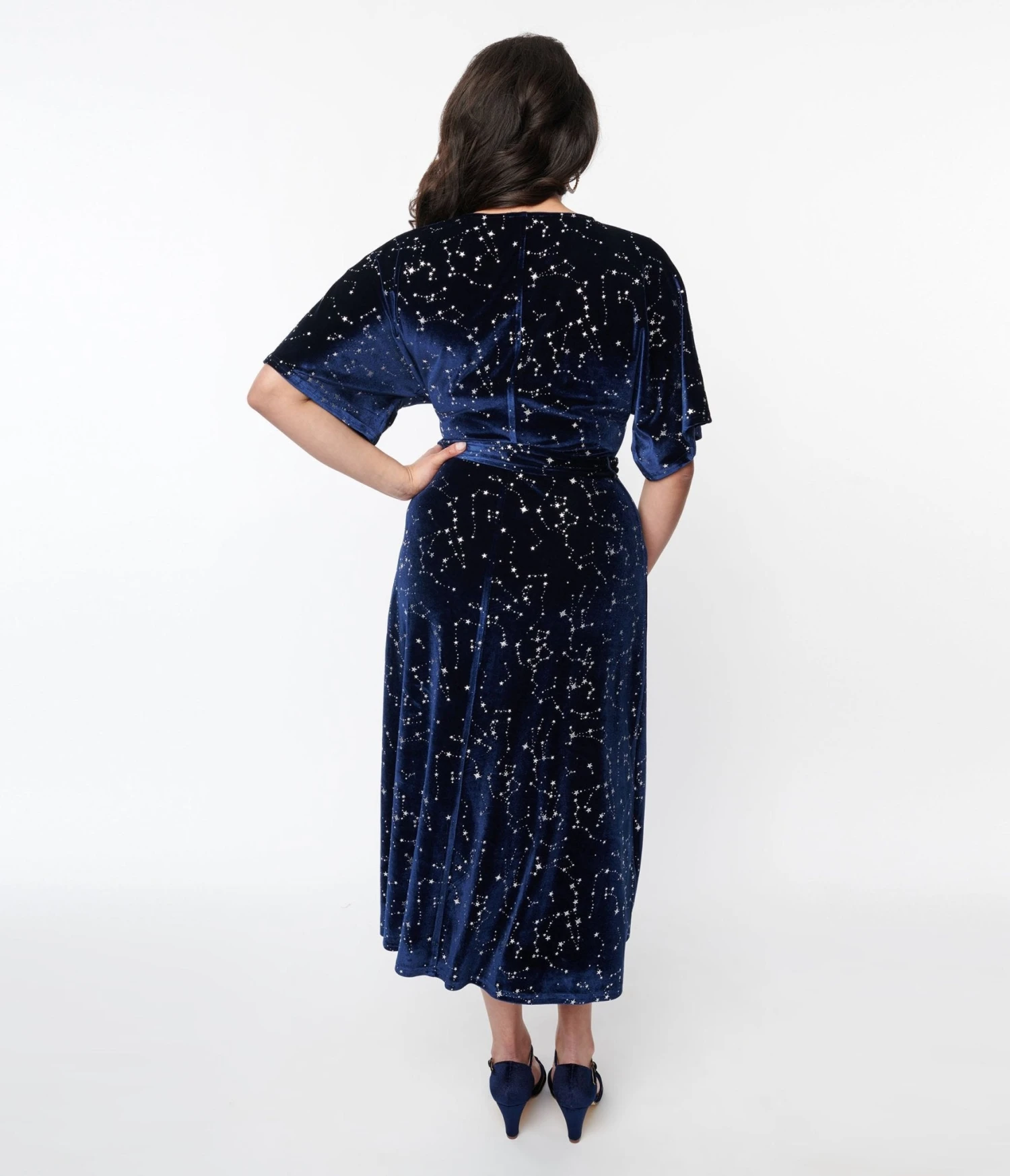 Unique Vintage Navy & Silver Stars Velvet Wrap Midi Dress 3 Unique Vintage Navy & Silver Stars Velvet Wrap Midi Dress - Image 3