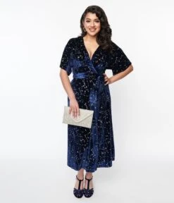 Unique Vintage Navy & Silver Stars Velvet Wrap Midi Dress 10 Unique Vintage Navy & Silver Stars Velvet Wrap Midi Dress -New Dress Store unique vintage navy silver stars velvet wrap midi dress 764509