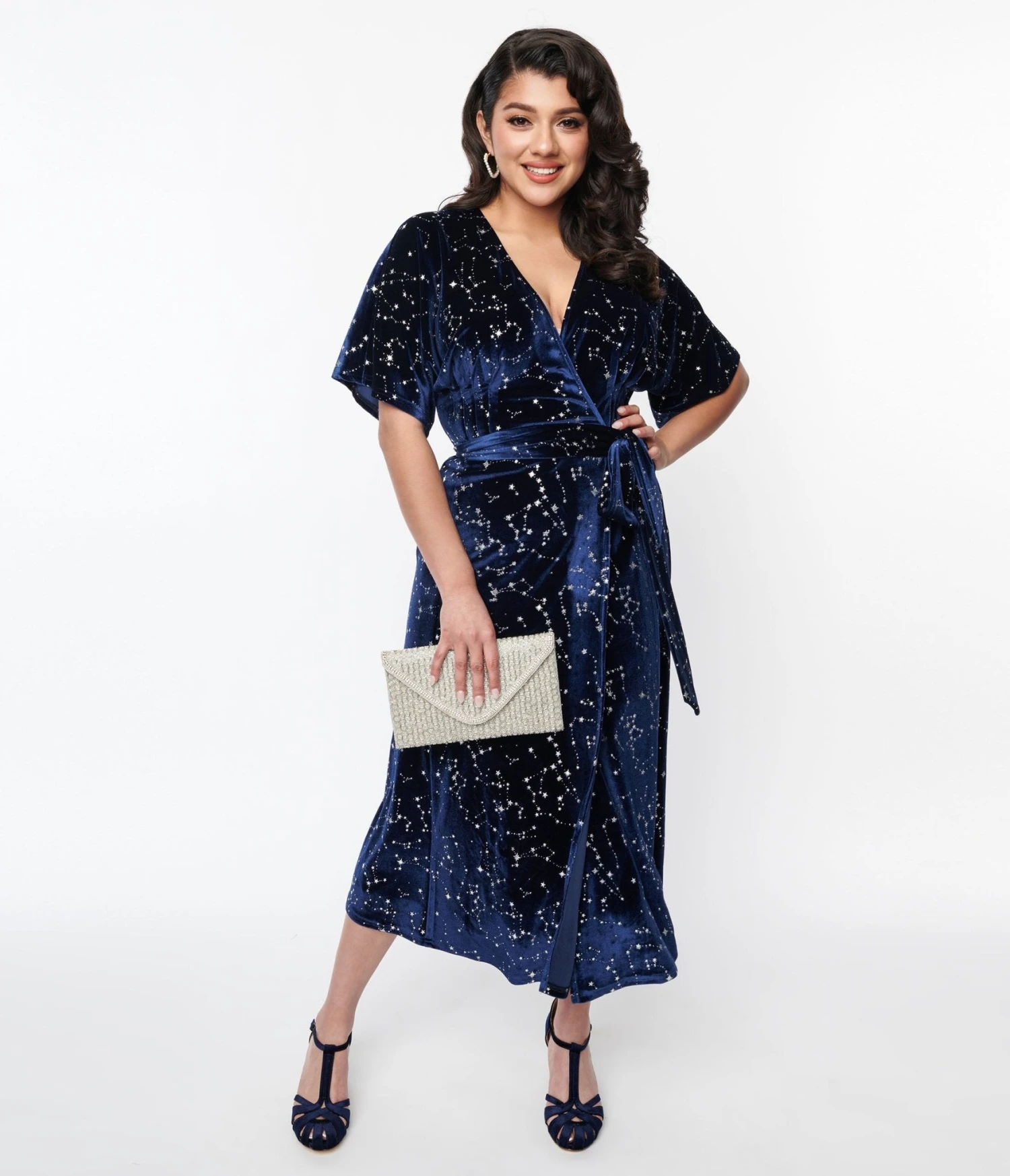 Unique Vintage Navy & Silver Stars Velvet Wrap Midi Dress 1 Unique Vintage Navy & Silver Stars Velvet Wrap Midi Dress