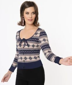 Unique Vintage Navy Snowflake Fair Isle Dandy Cardigan -New Dress Store unique vintage navy snowflake fair isle dandy cardigan 210367