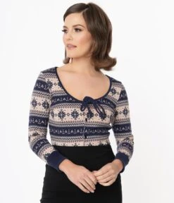 Unique Vintage Navy Snowflake Fair Isle Dandy Cardigan -New Dress Store unique vintage navy snowflake fair isle dandy cardigan 545188