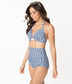 Unique Vintage Navy & White Gingham Monroe High Waist Swim Bottom -New Dress Store unique vintage navy white gingham monroe high waist swim bottom 348181