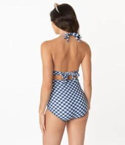 Unique Vintage Navy & White Gingham Monroe High Waist Swim Bottom -New Dress Store unique vintage navy white gingham monroe high waist swim bottom 735109