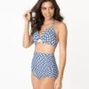 Unique Vintage Navy & White Gingham Monroe High Waist Swim Bottom