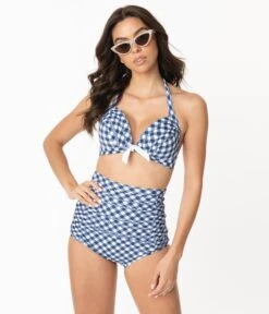 Unique Vintage Navy & White Gingham Monroe High Waist Swim Bottom -New Dress Store unique vintage navy white gingham monroe high waist swim bottom 968882