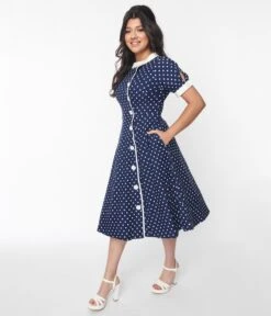 Unique Vintage Navy & White Pin Dot Contrast Button Swing Dress -New Dress Store unique vintage navy white pin dot contrast button swing dress 238464