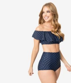 Unique Vintage Navy & White Pin Dot High Waist Louise Swim Bottoms -New Dress Store unique vintage navy white pin dot high waist louise swim bottoms 659499