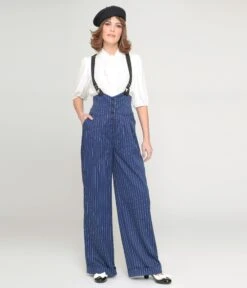 Unique Vintage Navy & White Pinstripe Thelma Suspender Pants -New Dress Store unique vintage navy white pinstripe thelma suspender pants 328031