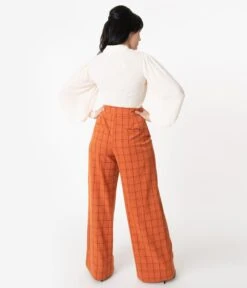 Unique Vintage Orange Windowpane High Waist Ginger Pants -New Dress Store unique vintage orange windowpane high waist ginger pants 571633