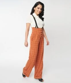 Unique Vintage Orange Windowpane Thelma Suspender Pants -New Dress Store unique vintage orange windowpane thelma suspender pants 323314