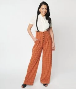 Unique Vintage Orange Windowpane Thelma Suspender Pants -New Dress Store unique vintage orange windowpane thelma suspender pants 669203