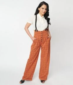 Unique Vintage Orange Windowpane Thelma Suspender Pants -New Dress Store unique vintage orange windowpane thelma suspender pants 937846