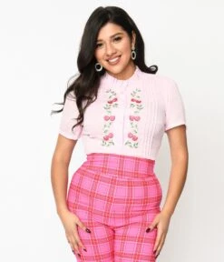 Unique Vintage Pale Pink Cherries Pin Tuck Peplum Blouse