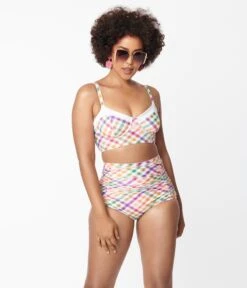 Unique Vintage Pastel Madras Gingham Marlene Crop Swim Top48 -New Dress Store unique vintage pastel madras gingham marlene crop swim top48 220712