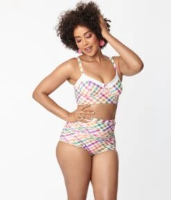 Unique Vintage Pastel Madras Gingham Marlene Crop Swim Top48 -New Dress Store unique vintage pastel madras gingham marlene crop swim top48 768414