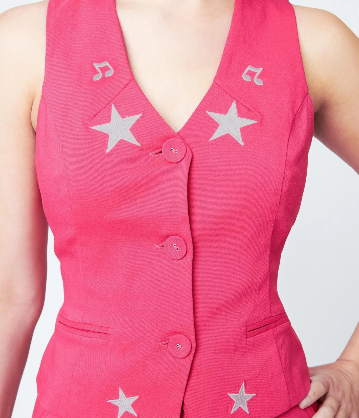 Unique Vintage Pink & Glitter Star Button Up Vest 2 Unique Vintage Pink & Glitter Star Button Up Vest - Image 2