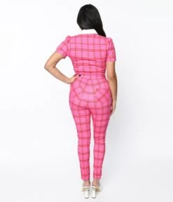 Unique Vintage Pink & Red Plaid Skinny Leg Bexley Jumpsuit -New Dress Store unique vintage pink red plaid skinny leg bexley jumpsuit 729827