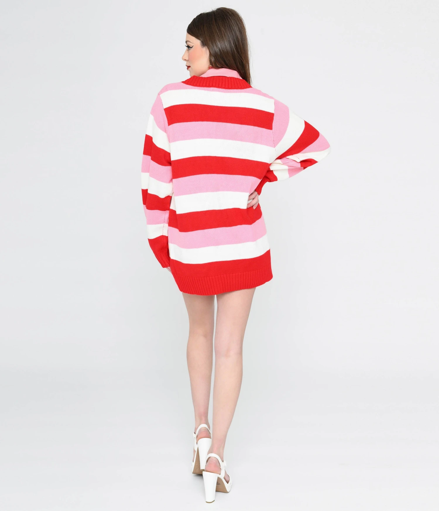 Unique Vintage Pink & Red Striped Crochet Hearts Cardigan 3 Unique Vintage Pink & Red Striped Crochet Hearts Cardigan - Image 3