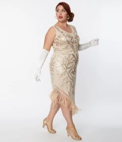 Unique Vintage Plus Size 1920s Beige Beaded Asymmetrical Fringe Flapper Dress -New Dress Store unique vintage plus size 1920s beige beaded asymmetrical fringe flapper dress 482562