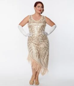 Unique Vintage Plus Size 1920s Beige Beaded Asymmetrical Fringe Flapper Dress -New Dress Store unique vintage plus size 1920s beige beaded asymmetrical fringe flapper dress 912747