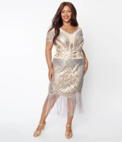 Unique Vintage Plus Size 1920s Beige & Silver Deco Sequin Short Sleeve Flapper Dress -New Dress Store unique vintage plus size 1920s beige silver deco sequin short sleeve flapper dress 489815
