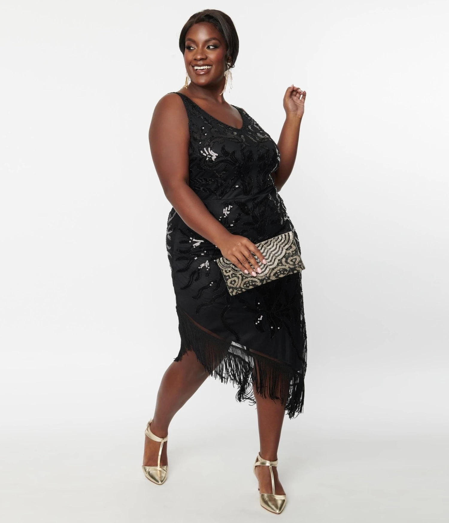 Unique Vintage Plus Size 1920s Black Beaded Asymmetrical Fringe Flapper Dress 5 Unique Vintage Plus Size 1920s Black Beaded Asymmetrical Fringe Flapper Dress - Image 5