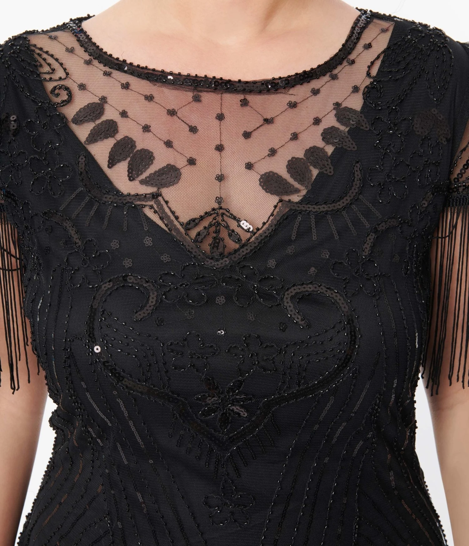 Unique Vintage Plus Size 1920s Black Beaded Fringe Sleeve Nadine Flapper Dress 2 Unique Vintage Plus Size 1920s Black Beaded Fringe Sleeve Nadine Flapper Dress - Image 2