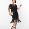 Unique Vintage Plus Size 1920s Black Beaded Fringe Sleeve Nadine Flapper Dress