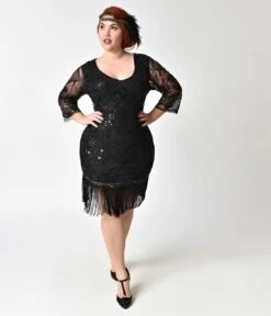 Unique Vintage Plus Size 1920s Black Beaded & Sequin Margaux Sleeved Fringe Flapper Dress -New Dress Store unique vintage plus size 1920s black beaded sequin margaux sleeved fringe flapper dress 175231