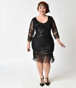 Unique Vintage Plus Size 1920s Black Beaded & Sequin Margaux Sleeved Fringe Flapper Dress -New Dress Store unique vintage plus size 1920s black beaded sequin margaux sleeved fringe flapper dress 285211