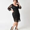 Unique Vintage Plus Size 1920s Black Beaded & Sequin Margaux Sleeved Fringe Flapper Dress