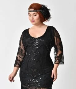 Unique Vintage Plus Size 1920s Black Beaded & Sequin Margaux Sleeved Fringe Flapper Dress -New Dress Store unique vintage plus size 1920s black beaded sequin margaux sleeved fringe flapper dress 810580