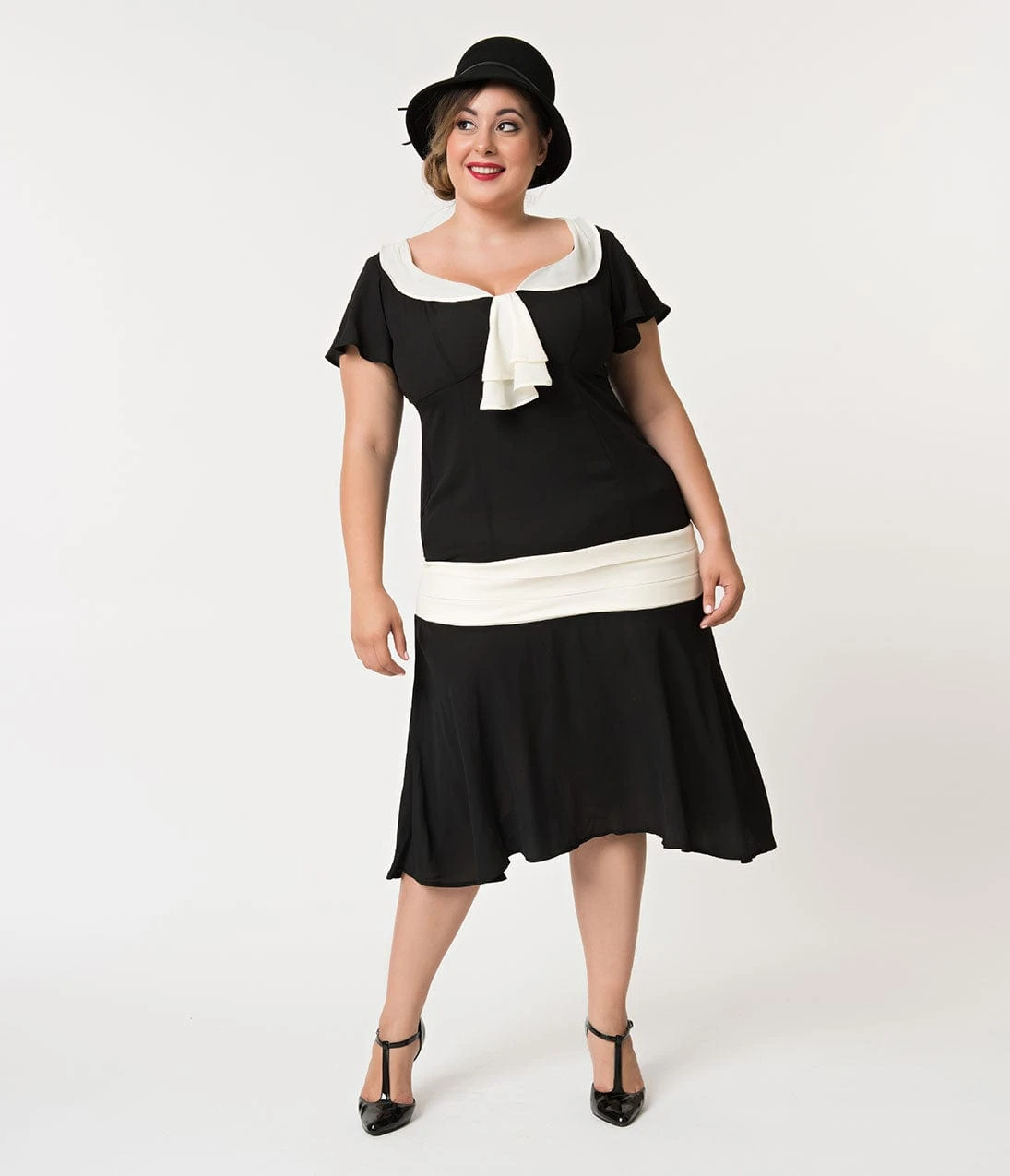 Unique Vintage Plus Size 1920s Black & Cream Wilshire Flapper Day Dress 1 Unique Vintage Plus Size 1920s Black & Cream Wilshire Flapper Day Dress