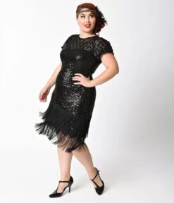 Unique Vintage Plus Size 1920s Black Sequin Fringe Del Mar Flapper Dress -New Dress Store unique vintage plus size 1920s black sequin fringe del mar flapper dress 703657