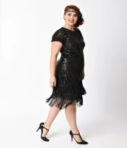 Unique Vintage Plus Size 1920s Black Sequin Fringe Del Mar Flapper Dress -New Dress Store unique vintage plus size 1920s black sequin fringe del mar flapper dress 782847