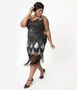 Unique Vintage Plus Size 1920s Black & Silver Sequin Lina Fringe Flapper Dress -New Dress Store unique vintage plus size 1920s black silver sequin lina fringe flapper dress 331988