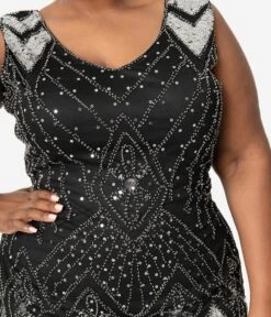 Unique Vintage Plus Size 1920s Black & Silver Sequin Lina Fringe Flapper Dress -New Dress Store unique vintage plus size 1920s black silver sequin lina fringe flapper dress 349134