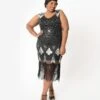 Unique Vintage Plus Size 1920s Black & Silver Sequin Lina Fringe Flapper Dress